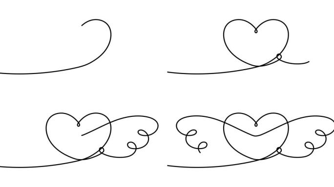 动画插图。连续一行抽象爱情符号心有翅膀。手绘简约风格。4k视频