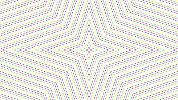 白色背景循环上的彩色纤细四角星简单扁平几何。彩色星空旋转无线电波无尽的创意动画。多色旋转星星无缝运动