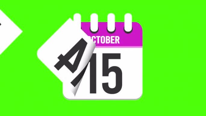 10月31日。日历出现，页面下降到10月31日。绿色背景，色度键 (4k循环)