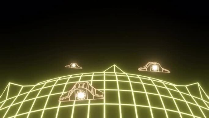 循环复古计算机图形飞船在地球网格景观3D动画视频上方飞行
