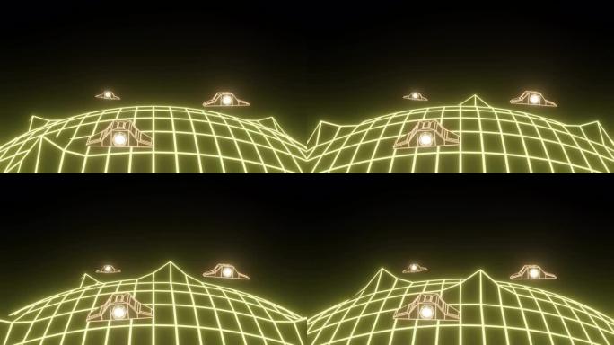 循环复古计算机图形飞船在地球网格景观3D动画视频上方飞行