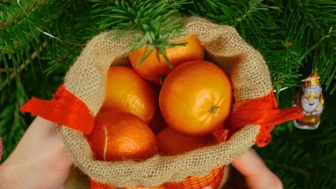 男子在装饰圣诞树前拿着装满甜美生态橘子的打开礼品袋