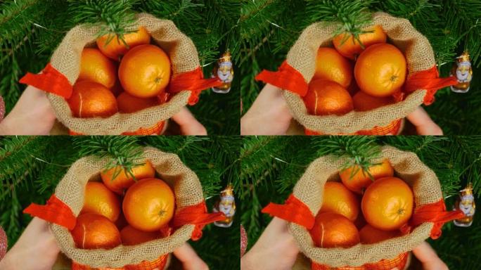 男子在装饰圣诞树前拿着装满甜美生态橘子的打开礼品袋