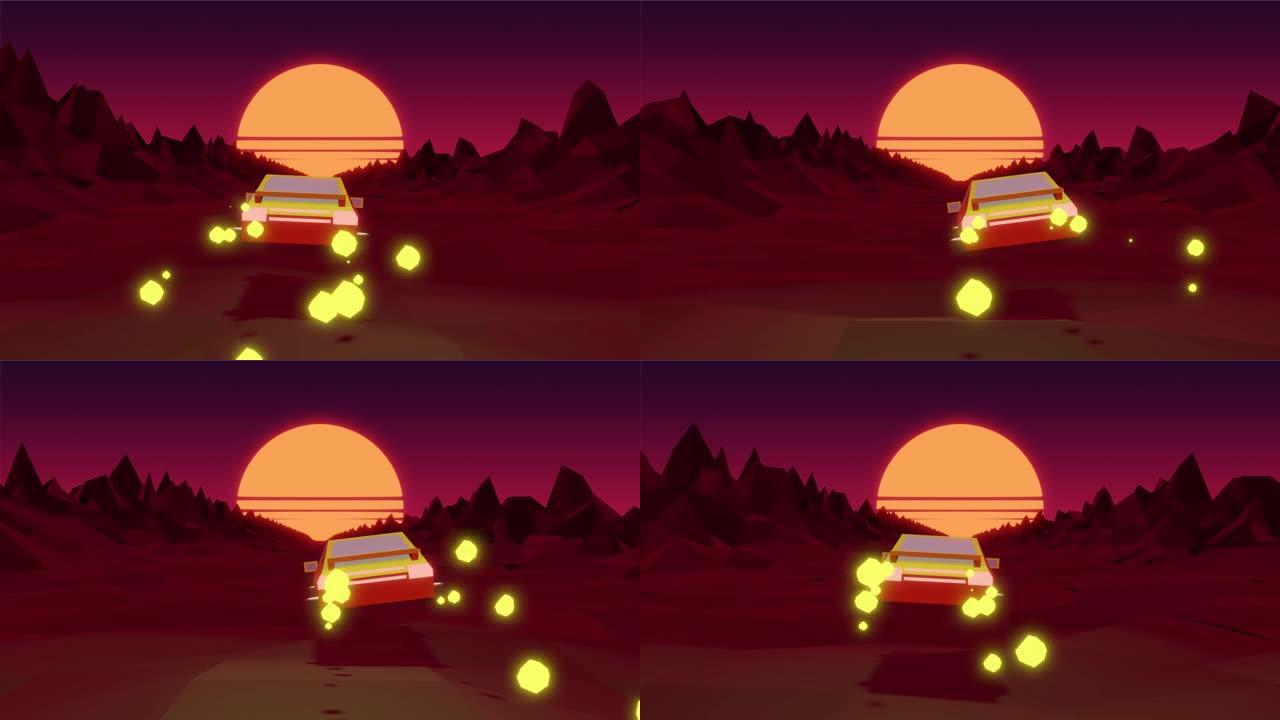 循环复古汽波风格侧扫射飞行汽车在网格景观和日落背景3D动画股票视频