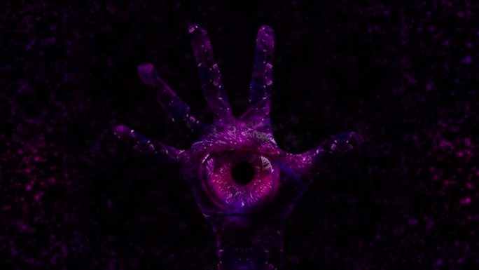 手就是眼睛。Esoterics。4K.神秘主义者。千里眼。3D手掌上的图形投影。