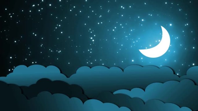 动画卡通明星和云背景。卡通纸背景的动画。发光的月亮和闪烁的星星随着动画云在天空中移动。卡通发光明星和