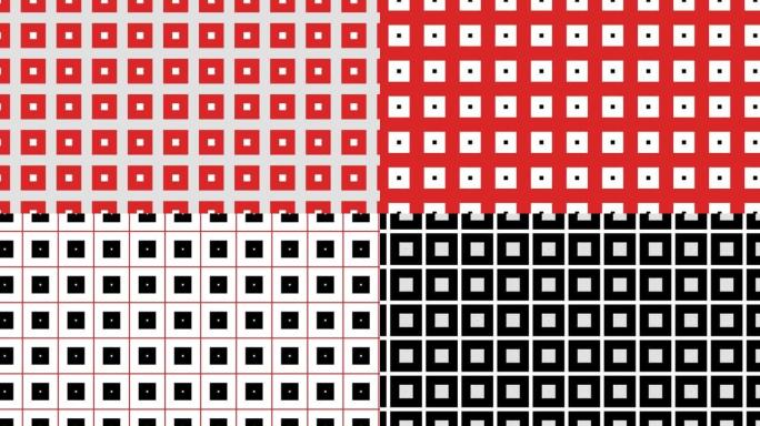 几何图案与黑色，白色和红色方形瓷砖填充圆形形状。抽象无缝循环动画背景