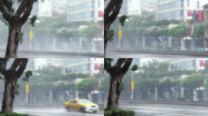 台北街头超级台风期间，模糊散焦的极端风雨