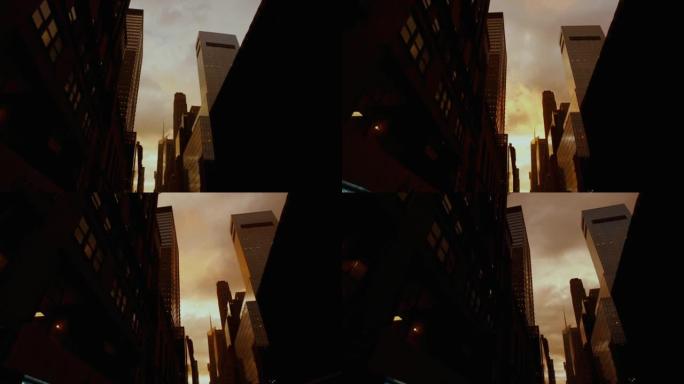 纽约市景观: 摩天大楼之间的日落