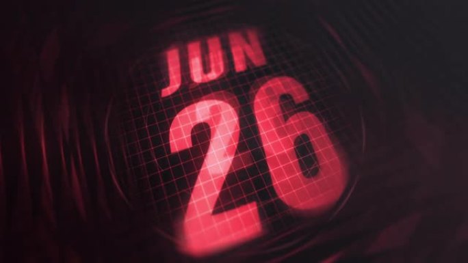 3d运动图形中的6月26日。未来的红外日历和科技发光霓虹灯拍摄，发光二极管纪念等。4k in循环