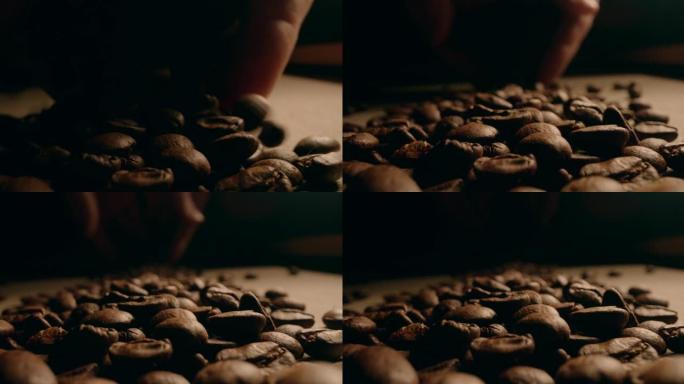 手掌拿着咖啡豆的宏观镜头，把它放进去。慢动作摄像机移动。