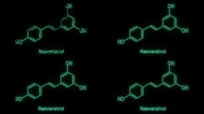 白藜芦醇化学分子式氖动画黑色背景。带点背景的连接线。