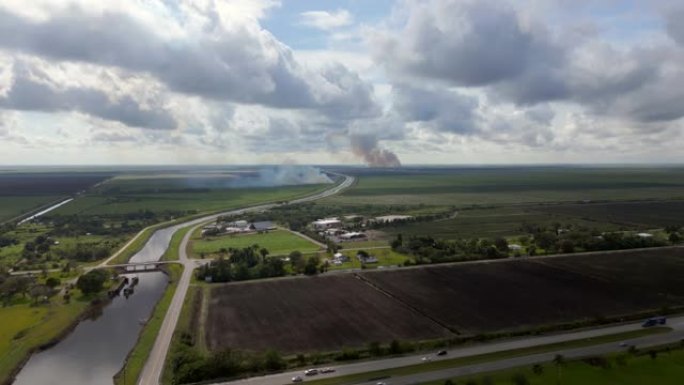 受控燃烧佛罗里达农田景观。空中无人机视频