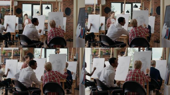 老女人和年轻人学习在画布上画素描