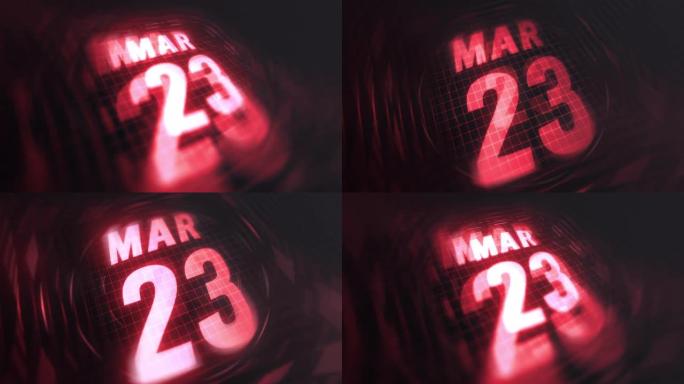 3月23日在3d运动图形中。未来的红外日历和科技发光霓虹灯拍摄，发光二极管纪念等。4k in循环