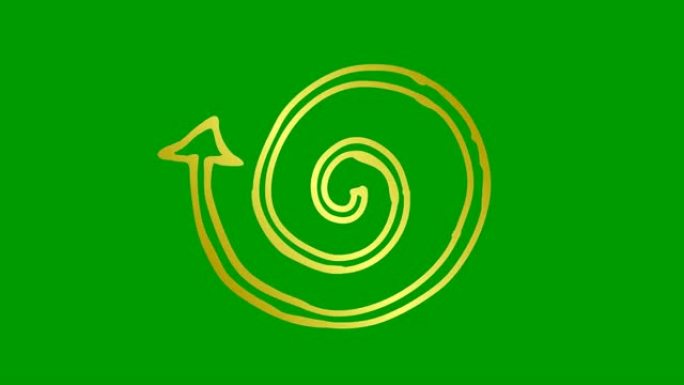 螺旋箭头旋转的动画图标。金色符号旋转。循环视频。手绘矢量插图孤立在绿色背景上。