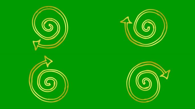 螺旋箭头旋转的动画图标。金色符号旋转。循环视频。手绘矢量插图孤立在绿色背景上。