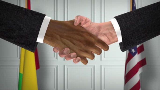 马里与美国商业伙伴关系协议。国家政府旗帜。官方外交握手说明动画。协议商人握手