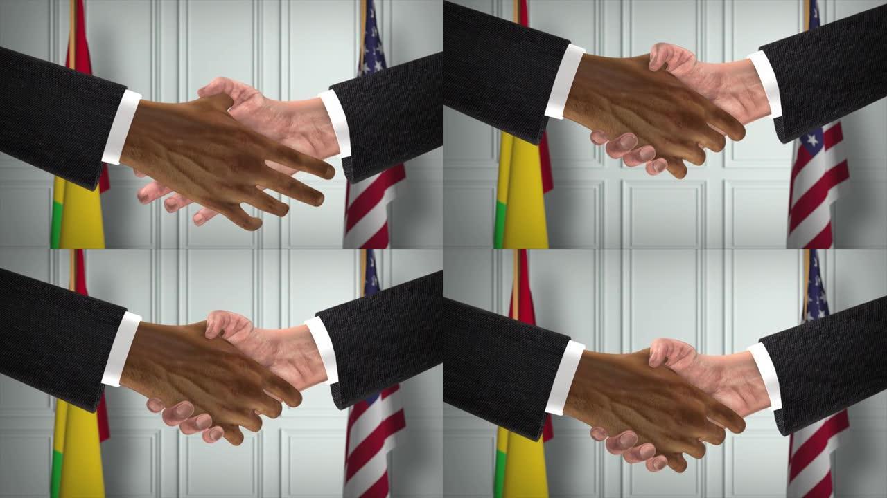 马里与美国商业伙伴关系协议。国家政府旗帜。官方外交握手说明动画。协议商人握手