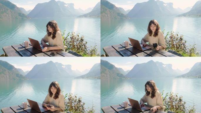 女人在蓝湖的背景下使用笔记本电脑