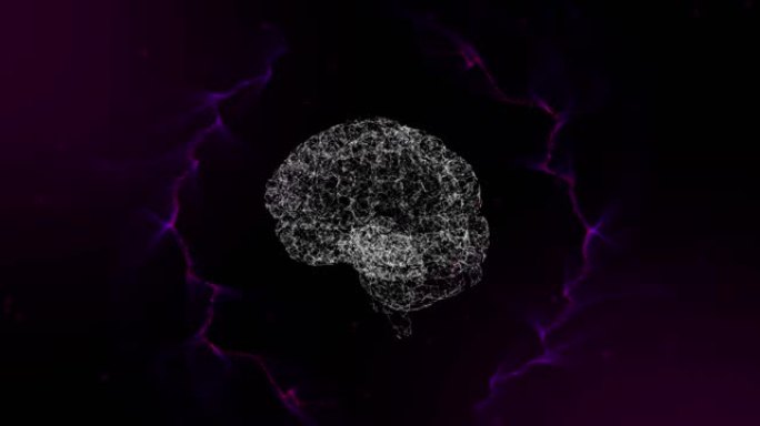 黑色背景上移动紫色网络上的3d人脑旋转的动画