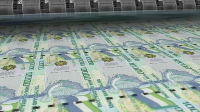 塞拉利昂，塞拉利昂利昂印刷机打印出当前10000利昂纸币，无缝循环，塞拉利昂货币背景，4K，聚焦深度