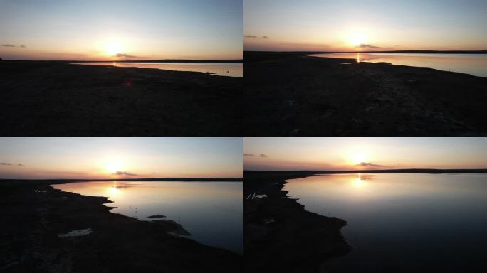 湖边落日夕阳画面