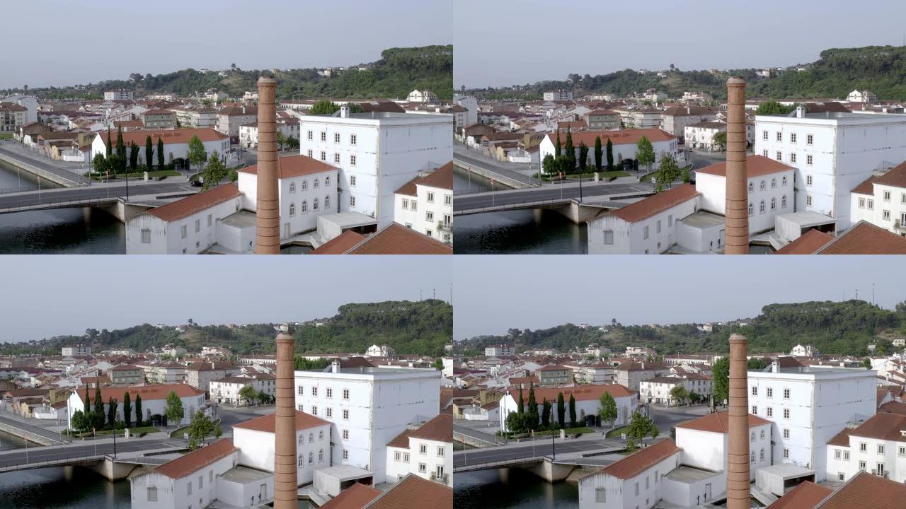 葡萄牙日出时托马无人机鸟瞰图，纳宝河和砖塔