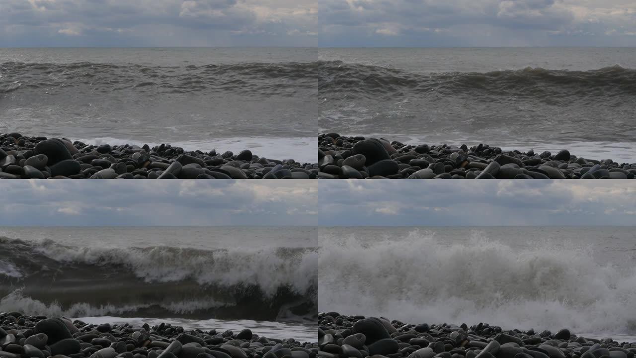 大浪正在袭击海岸。汹涌的暴风雨大海。