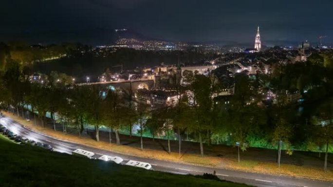 夜间伯尔尼城市景观的延时