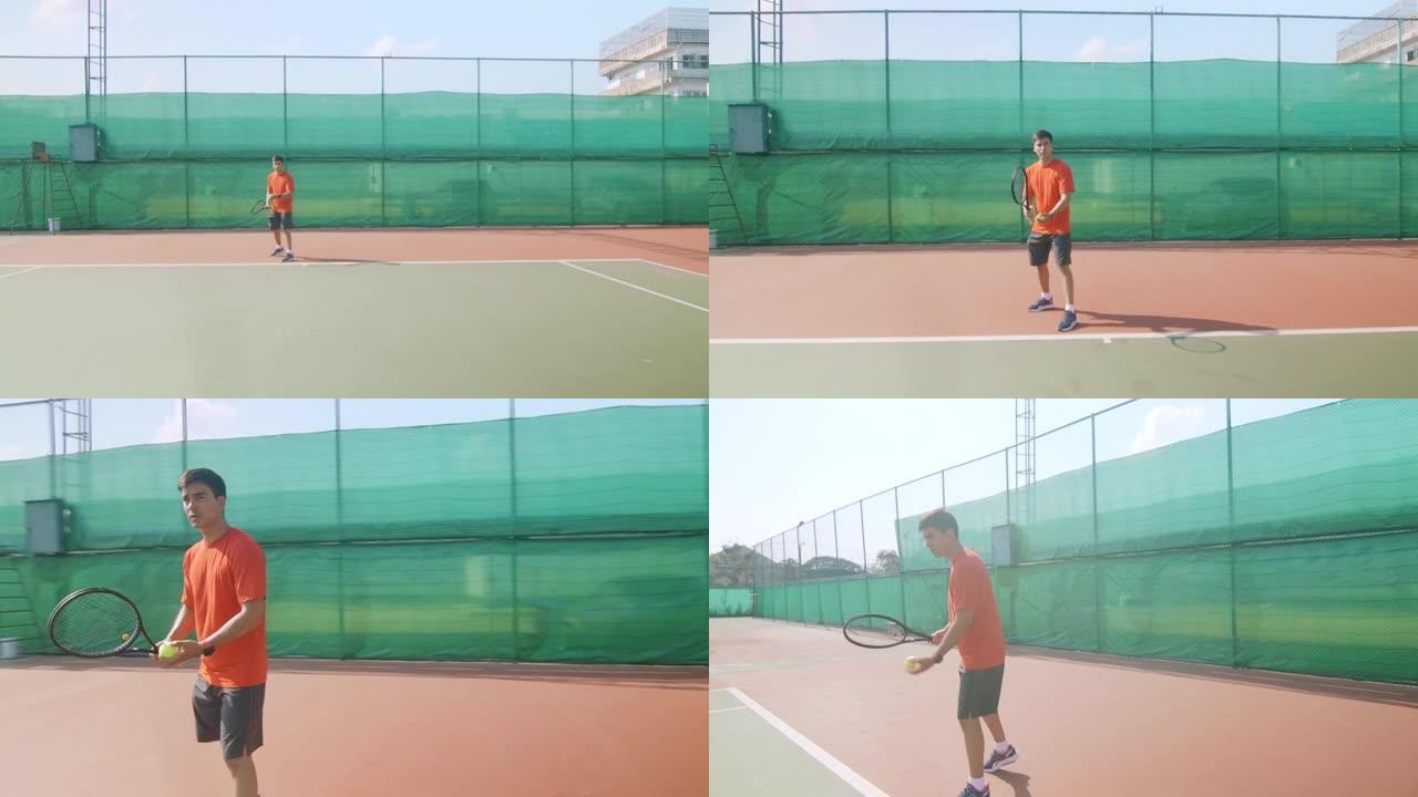 网球运动员准备发球。