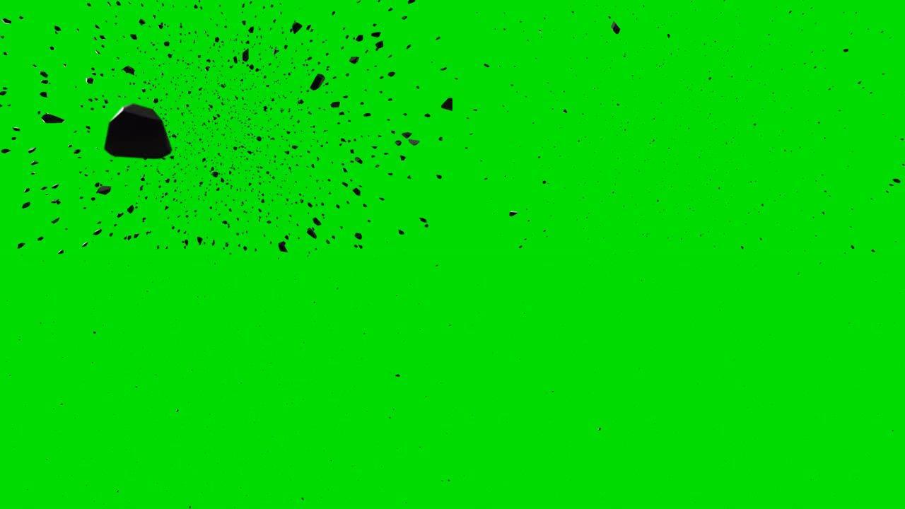 绿色色度关键背景上黑色岩石爆炸的Cg动画。开始时带有加速度的慢动作。4k超高清分辨率