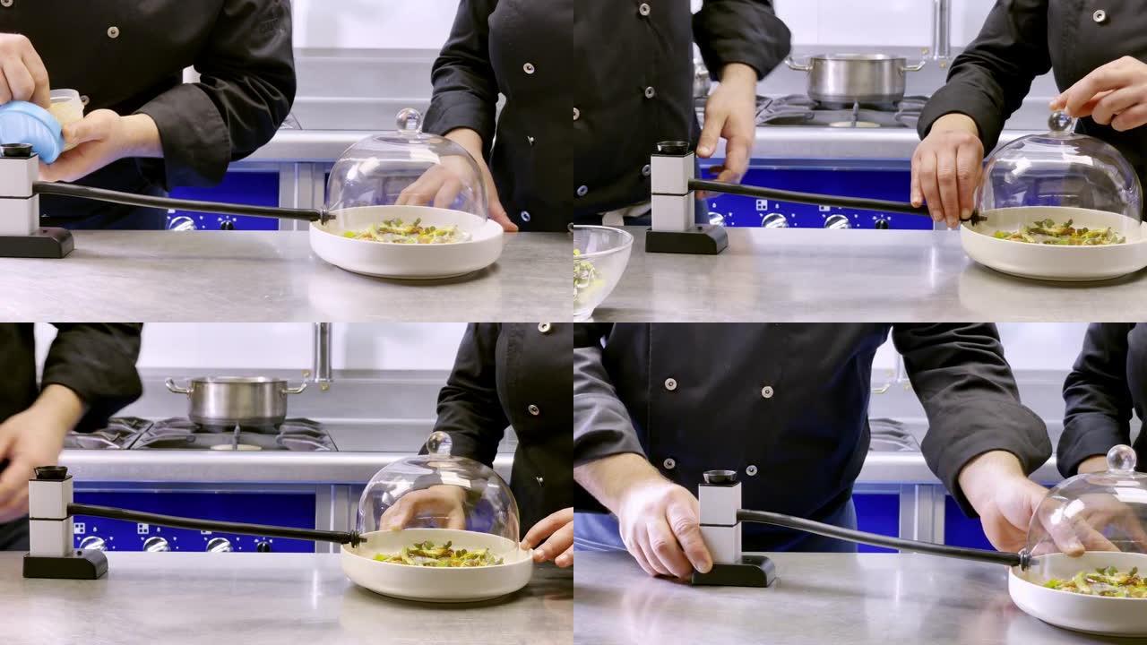 餐厅厨师用朝鲜蓟做一道菜