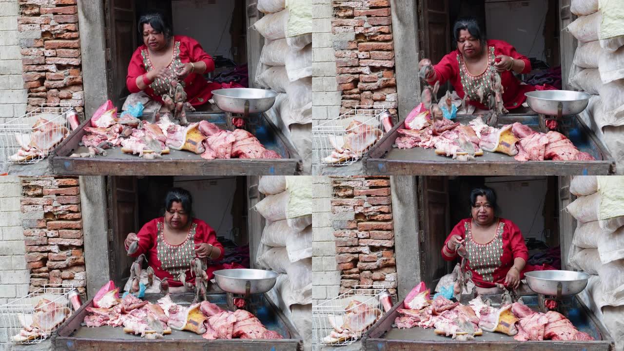 尼泊尔街头小贩出售生肉，巴克塔普尔