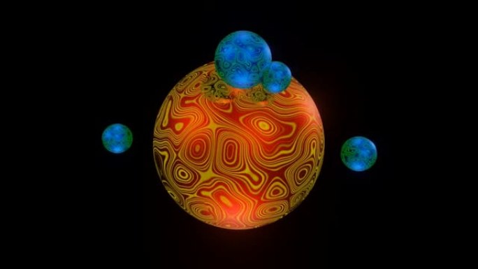 在黑暗空间中围绕红橙色旋转的蓝绿色小球的3D渲染