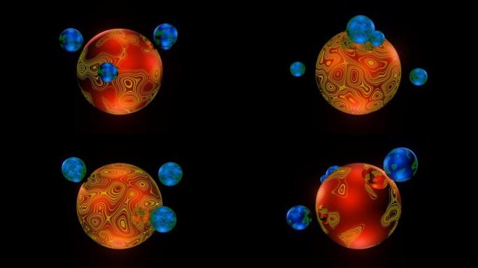 在黑暗空间中围绕红橙色旋转的蓝绿色小球的3D渲染