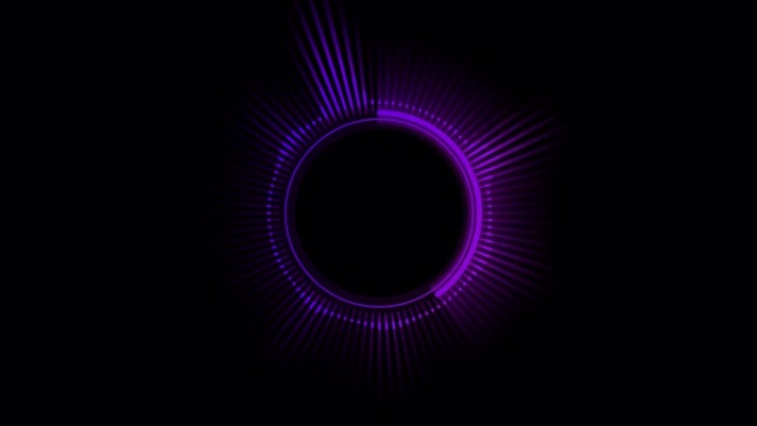 音频频谱圆形或径向，阿尔法通道中间的空白空间。霓虹紫色和蓝色频段的音频波形。音乐显示的可视化。