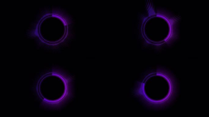 音频频谱圆形或径向，阿尔法通道中间的空白空间。霓虹紫色和蓝色频段的音频波形。音乐显示的可视化。