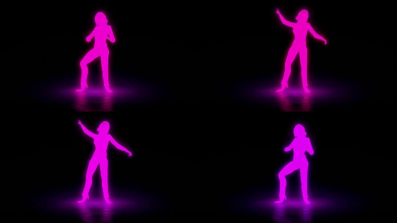 跳舞的女孩剪影放松快乐20世纪80年代跳舞迪斯科音乐，复古发光效果和复古色彩。免费护理的女人。八十年
