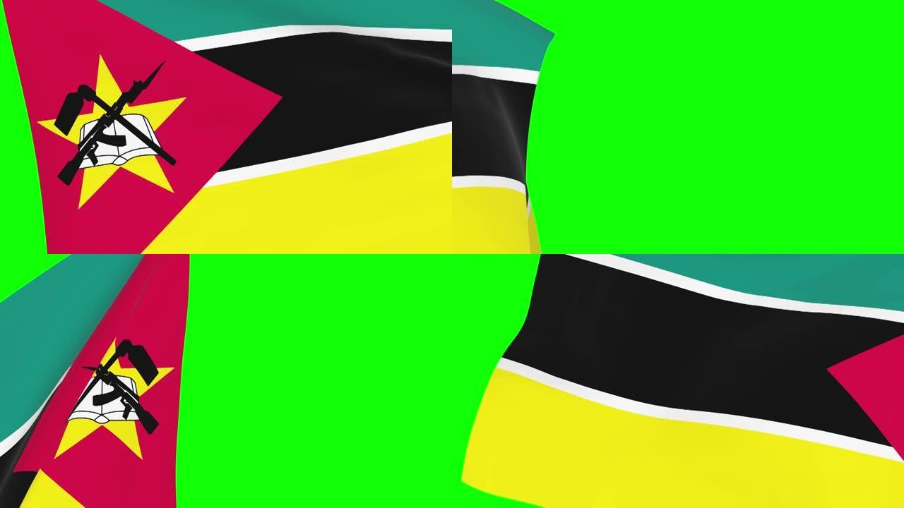 莫桑比克摇旗过渡。莫桑比克国旗的4k和1080高清镜头在绿色屏幕上。三维渲染