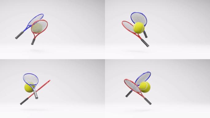 网球和球拍在工作室浅灰色背景上旋转