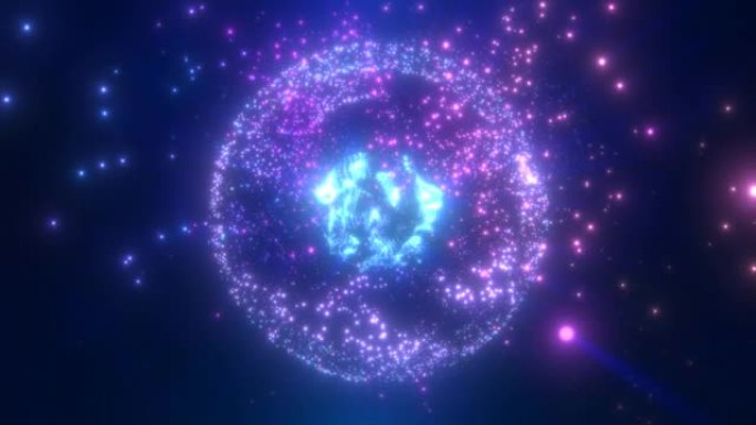 抽象的圆形蓝色到紫色球体光亮，从能量射线和粒子和点的魔波中发光，抽象的背景。视频4k，运动设计