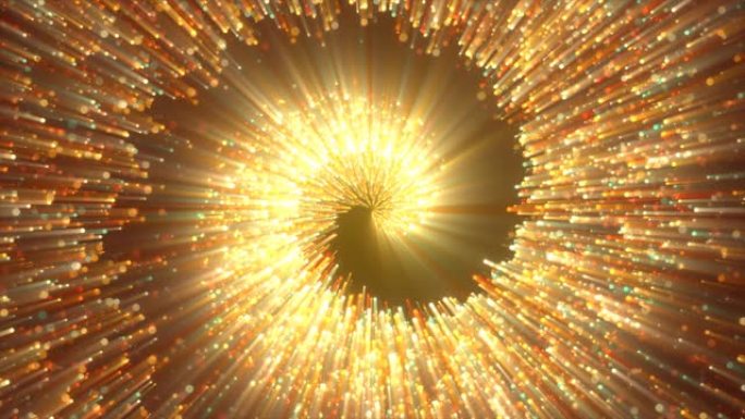 抽象螺旋隧道的美丽飞行的发光神奇粒子的黑金黄金能量圈在黑暗的背景上。摘要背景。高质量4k视频，运动设