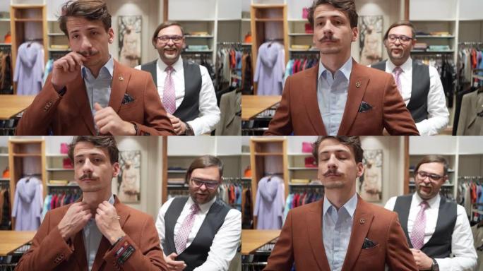 自信的男性顾客在豪华精品店尝试新西装时在镜子里观察自己