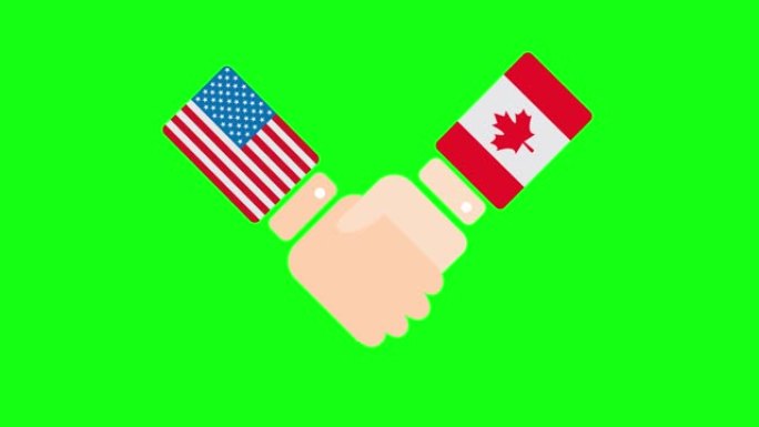 美国(美国)和加拿大握手，政客会面或合作的概念相关2D卡通动画，孤立在绿色屏幕背景上