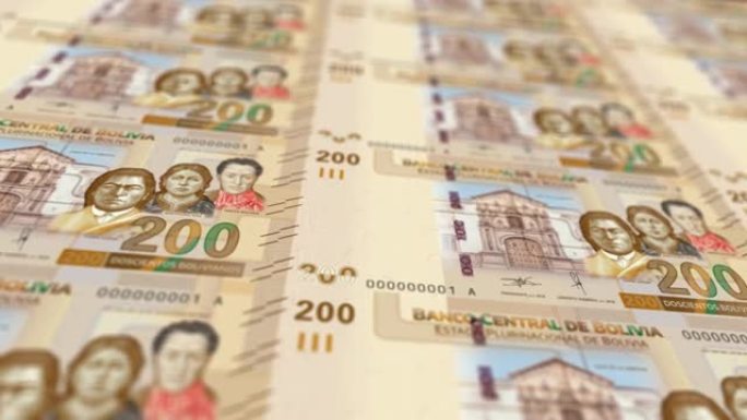 玻利维亚印钞机打印出当前玻利维亚钞票，无缝环，玻利维亚货币货币背景，4K，焦点深度平滑和Nice股票