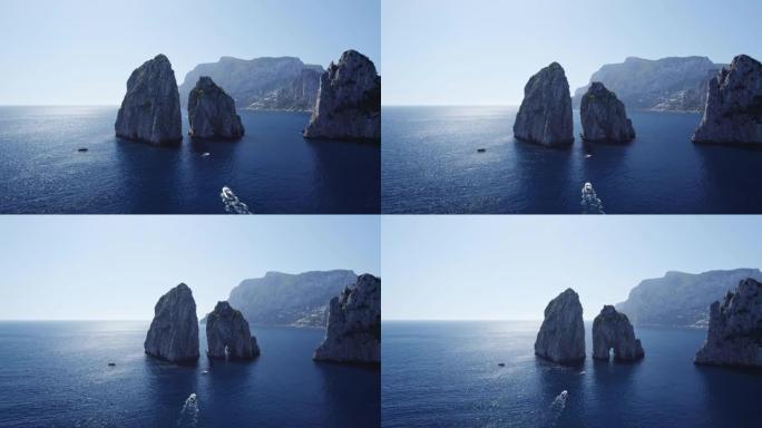 卡普里岛法拉格里尼岩石和独舟无人机景观