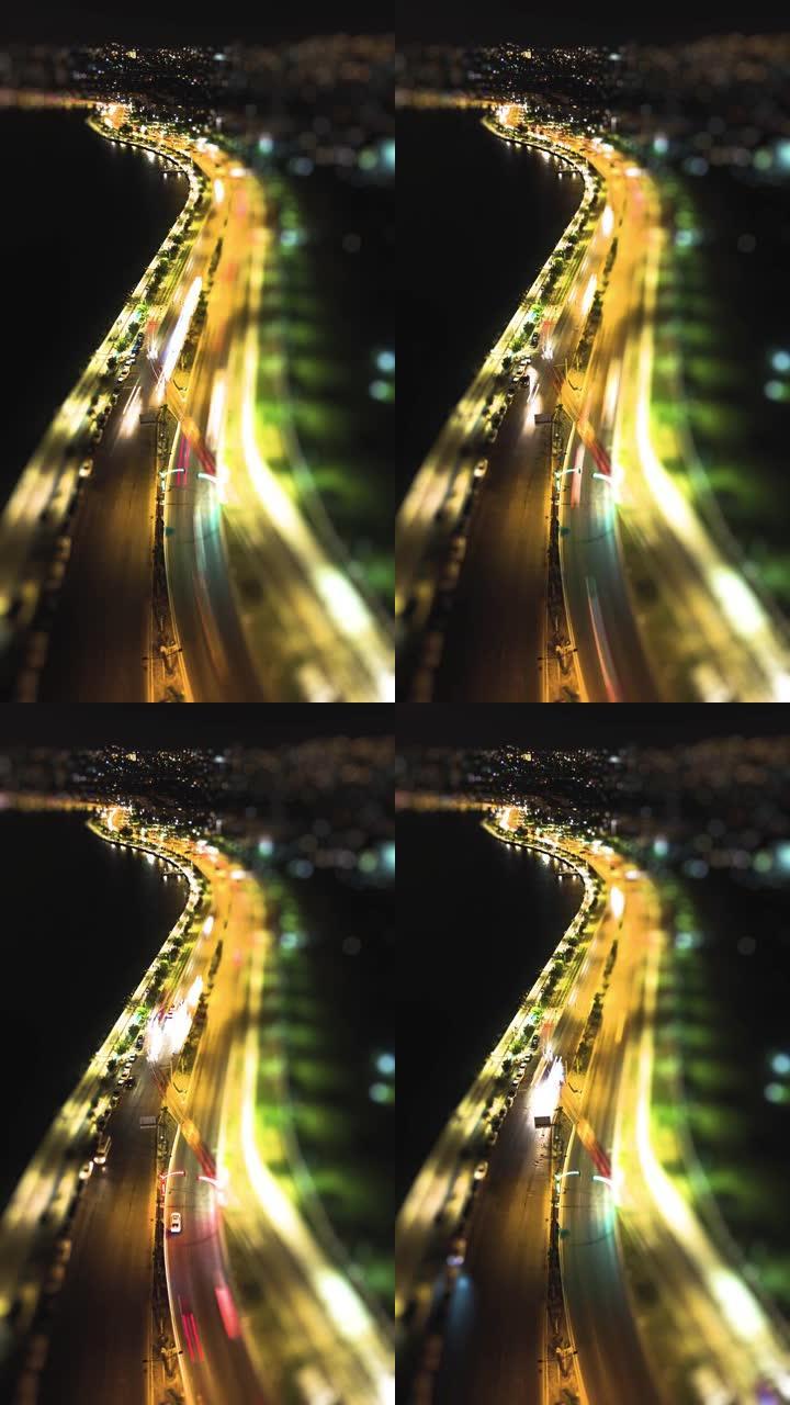 汽车交通运输城市的超限延时。无人机鸟瞰图。公共交通或通勤城市生活概念