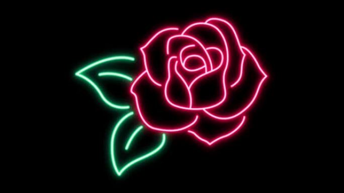 黑色背景的情人节动画粉色玫瑰霓虹灯形状。