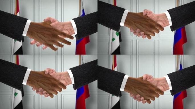 伊拉克和俄罗斯的协议握手，政治例证。正式会议或合作，商务见面。商人和政客握手
